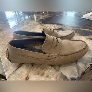 Men's Suede Cole Haan Signature 11 Penny Loafers in Taupe or grey